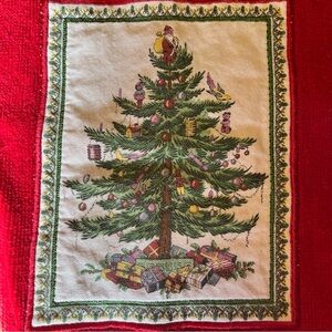Red Spode Holiday Kitchen Dish Towel with Vintage Santa Claus Christmas Tree